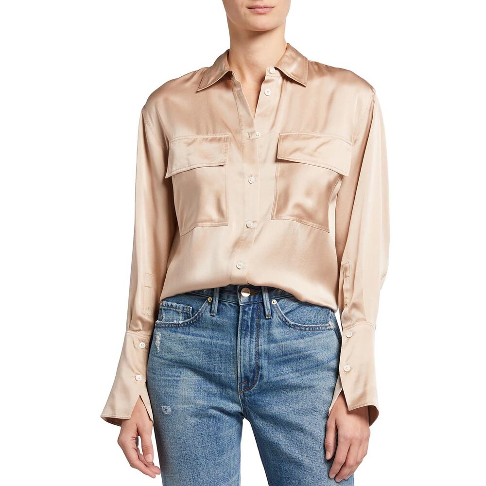 FRAME Boyfriend Silk Blouse In Bare Size XS Cream Champagne‎ Oversized Chic Sexy
